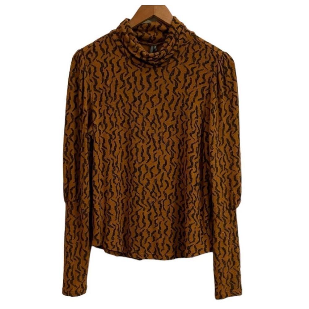 Anthropologie Top Brown Black Abstract Print Long Sleeve Medium Boho Chic Medium